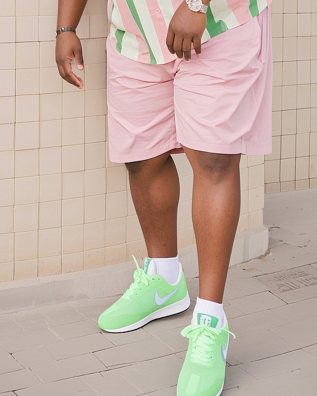 Big & Tall Green Pink Colorblock T-Shirt Shorts Set for big men view 3