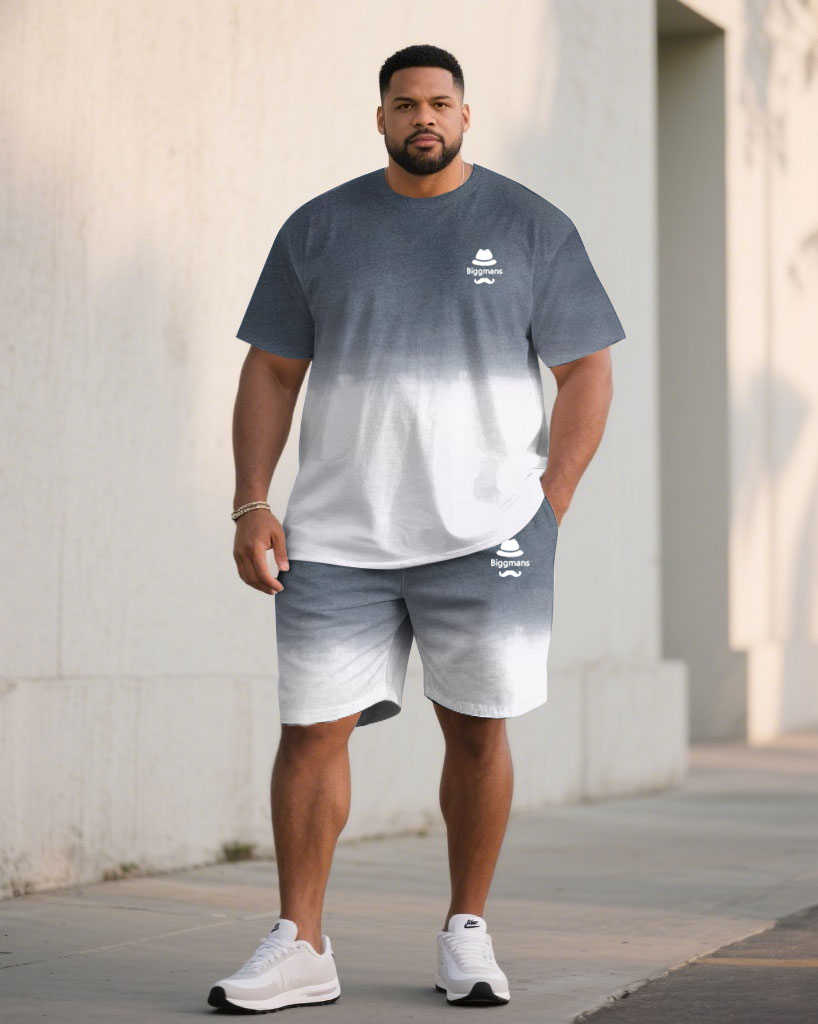 Big & Tall White Gray Gradient T-Shirt Shorts Set for big men view 1
