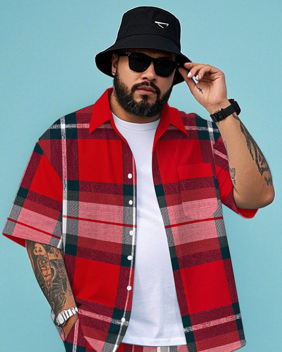 Big & Tall Red Plaid T-Shirt Shorts Set for big men view 2