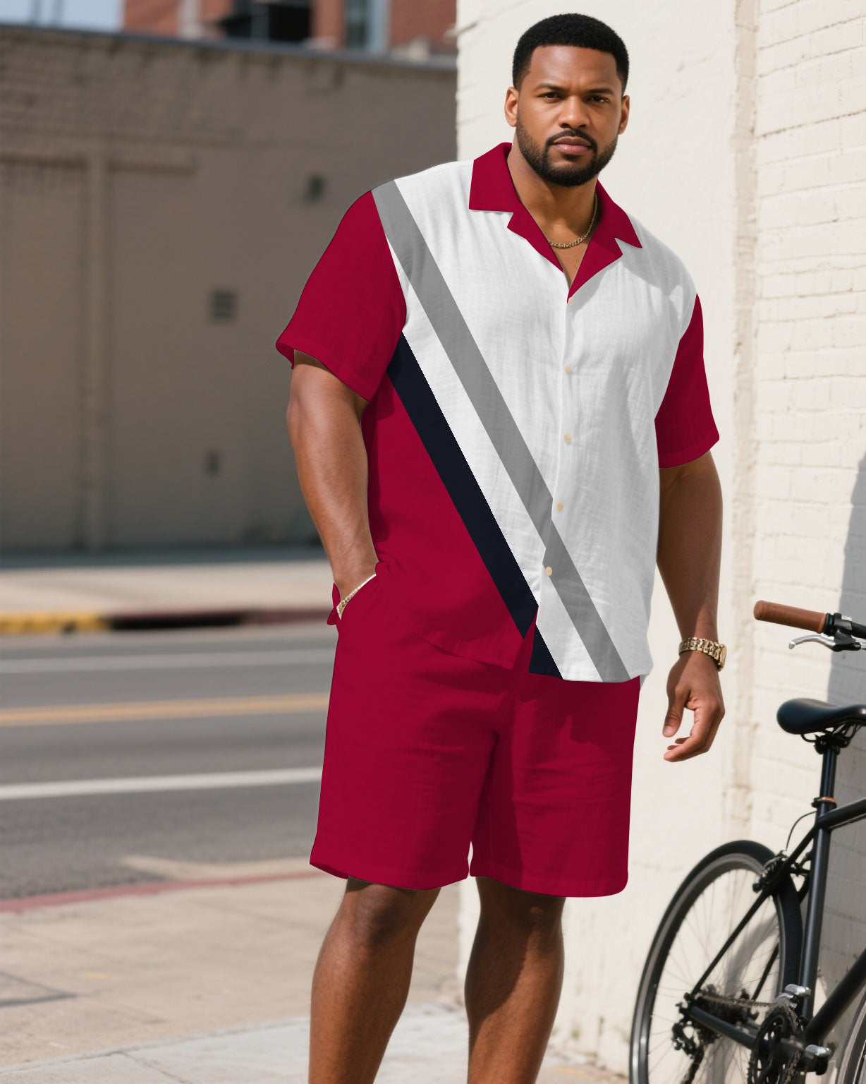 Big & Tall White Red Colorblock T-Shirt Shorts Set for big men view 1