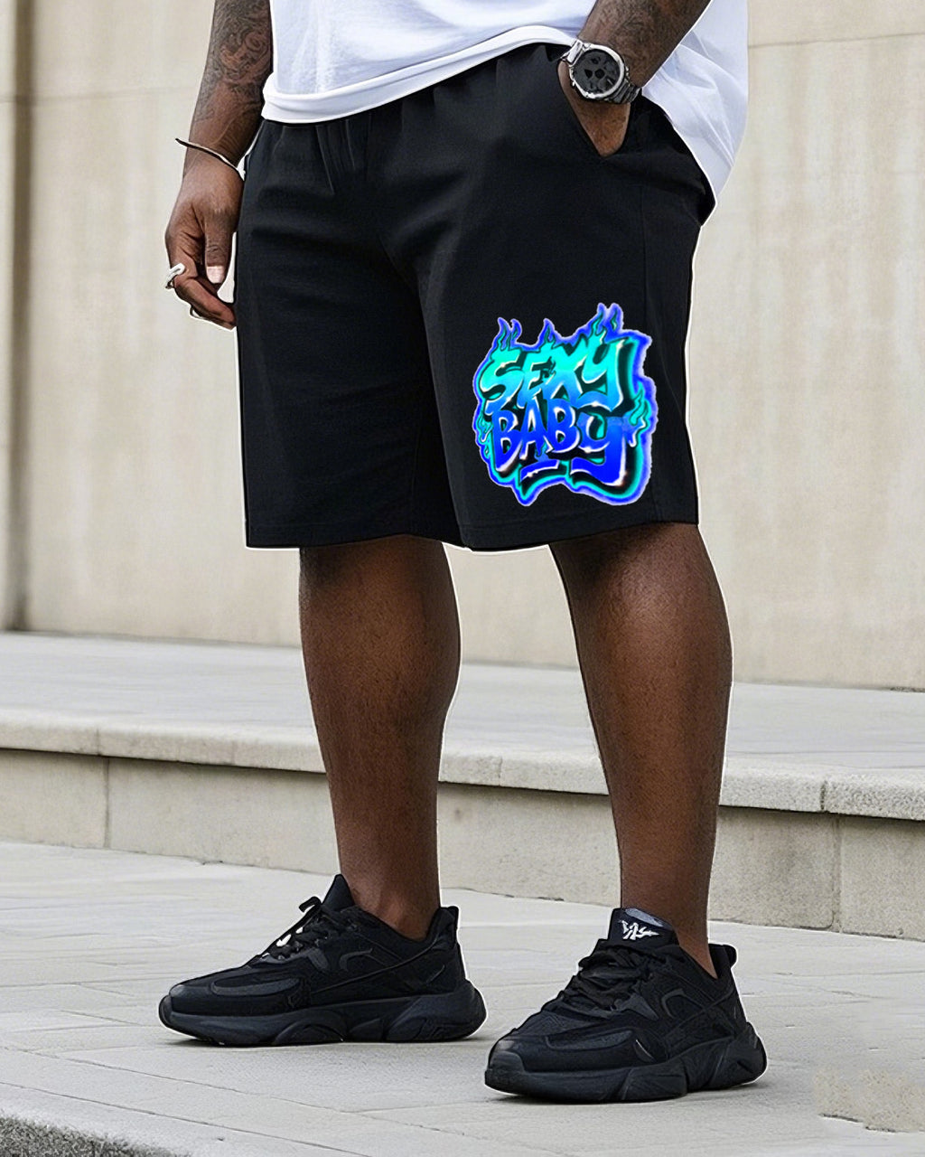 Big & Tall Graffiti Streetwear T-Shirt Shorts Set for big men view 3