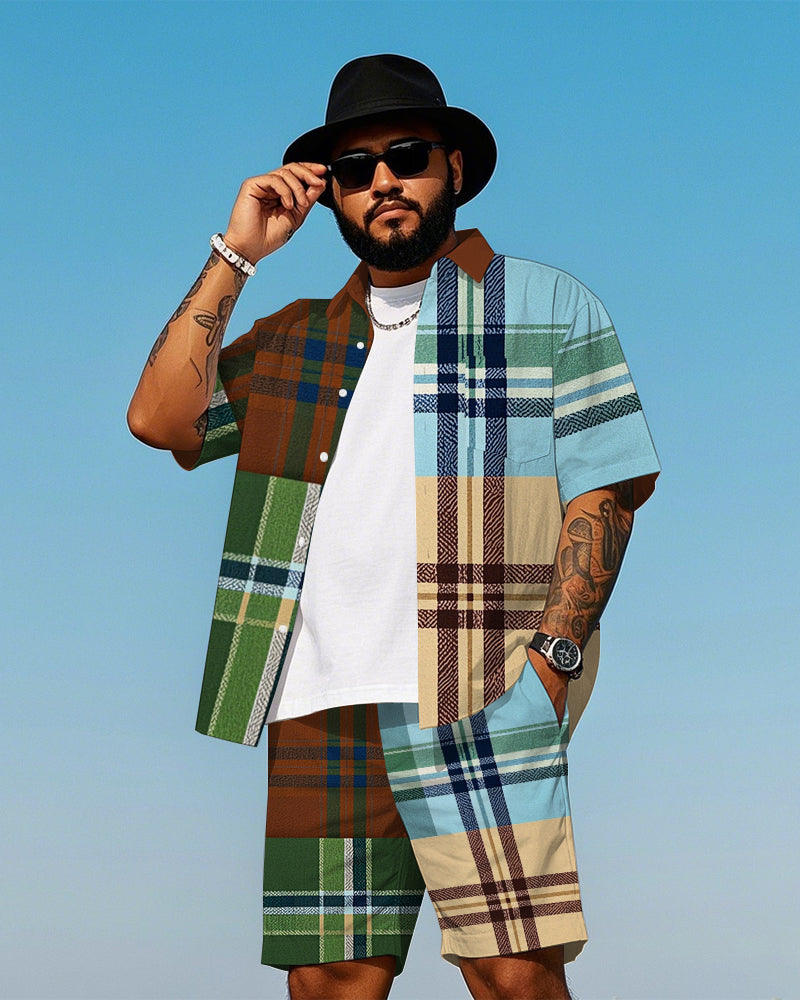 Big & Tall Colorblock Plaid T-Shirt Shorts Set for big men view 1