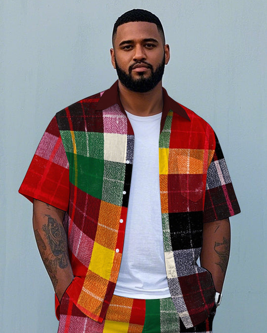 Big & Tall Colorblock Plaid T-Shirt Shorts Set for big men view 2