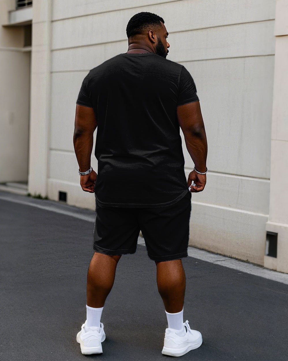 Big & Tall Black Green Colorblock T-Shirt Shorts Set for big men view 4