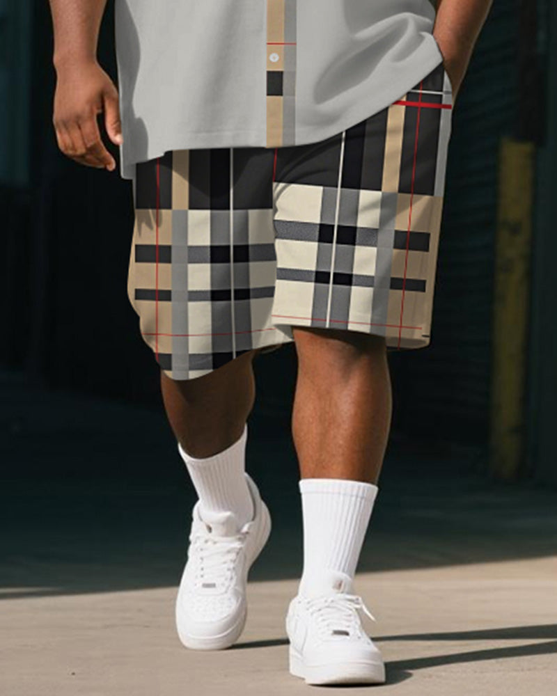 Big & Tall Black Khaki Plaid T-Shirt Shorts Set for big men view 3