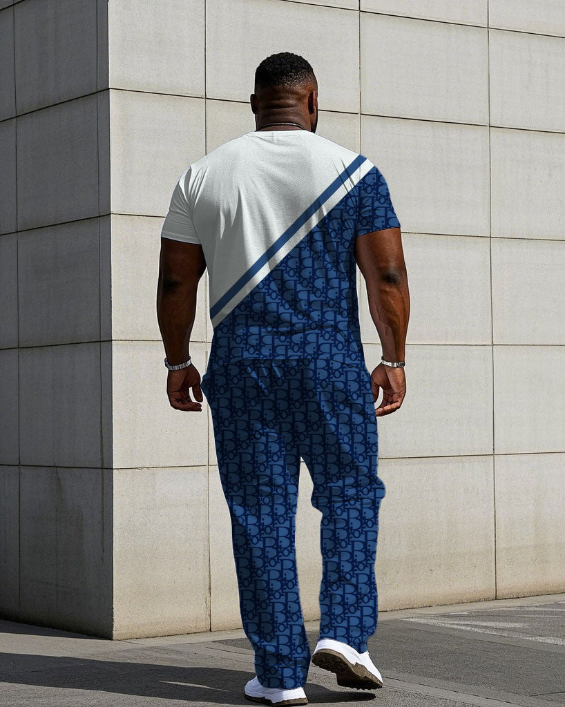Big & Tall White Blue Colorblock T-Shirt Pants Set for big men view 4