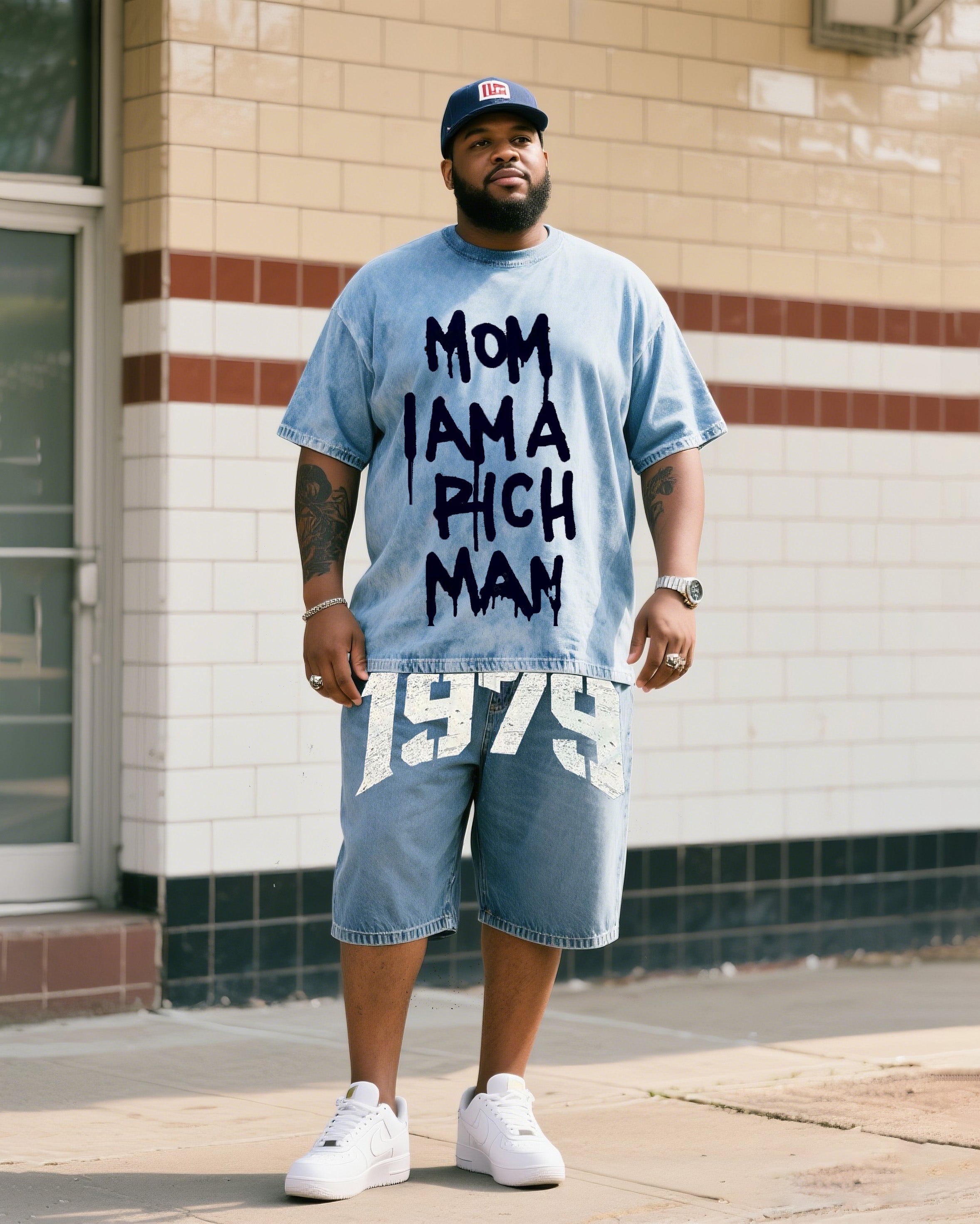 Big & Tall Denim Graphic T-Shirt Shorts Set for big men view 1