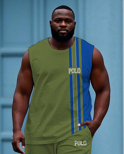 Big & Tall Blue Green Colorblock Vest Pants Set for big men view 2