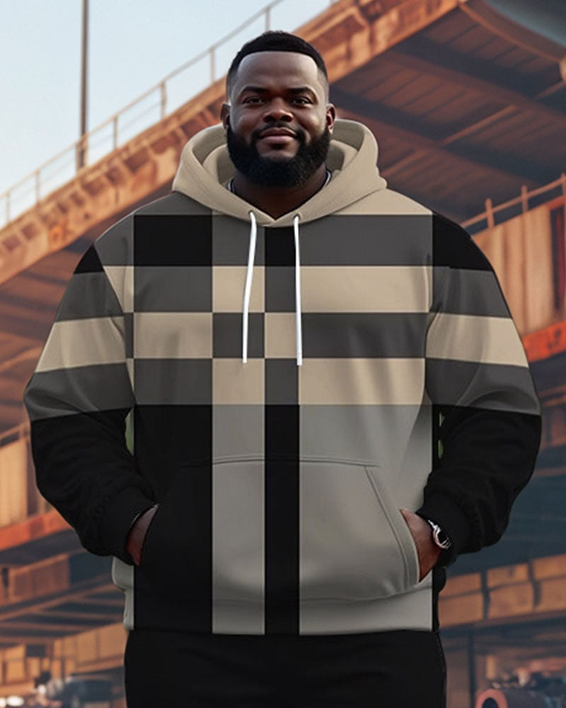 Big & Tall Khaki Plaid Striped Hoodie Sweatpants Set for big men view 5