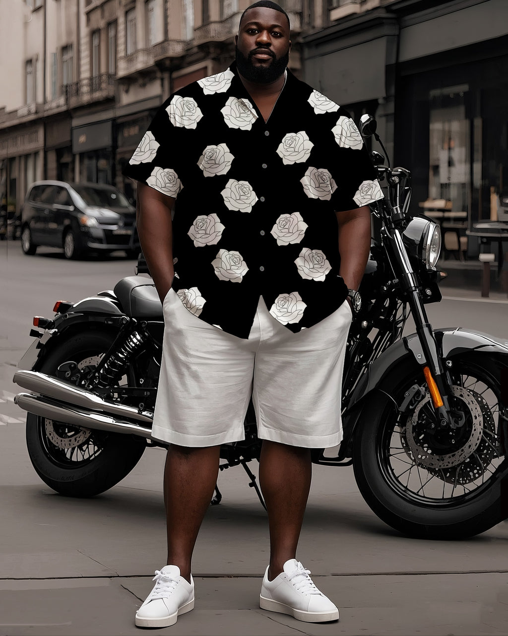 Big & Tall Black White Streetwear T-Shirt Shorts Set for big men view 1