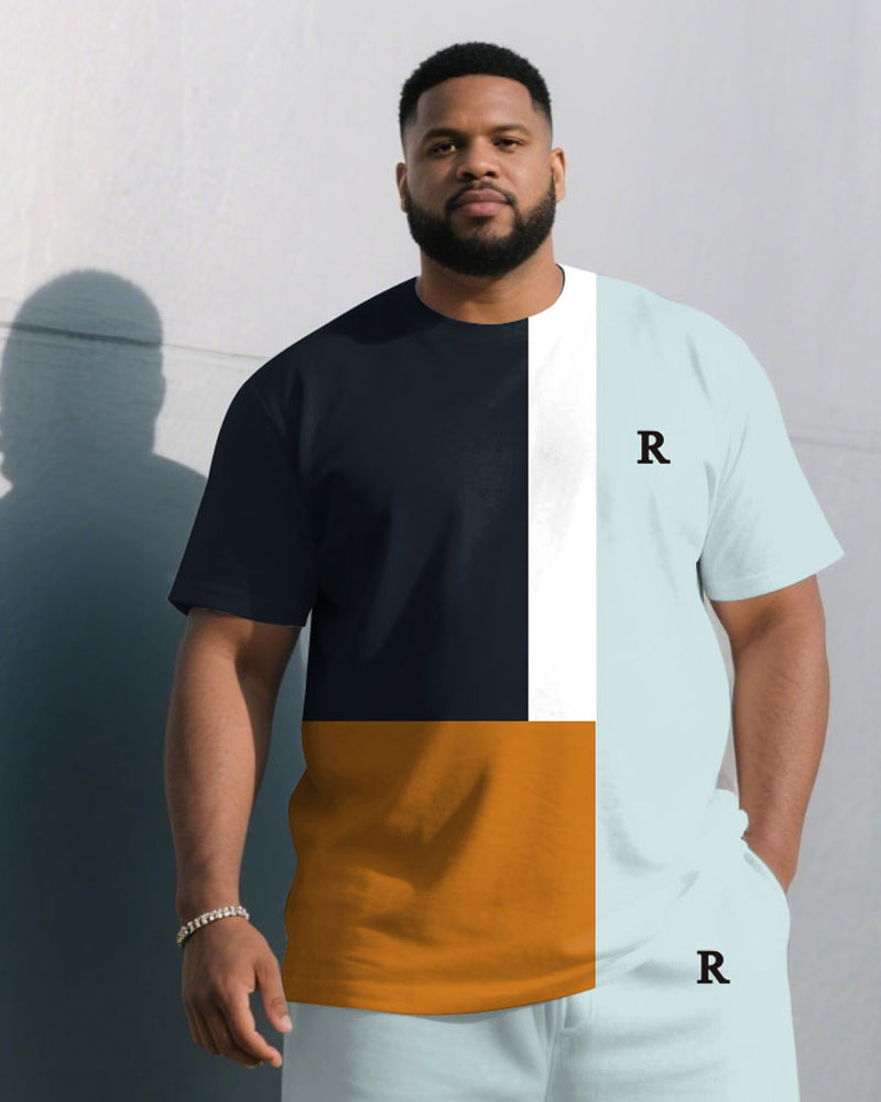 Big & Tall Blue Geometric T-Shirt Shorts Set for big men view 2