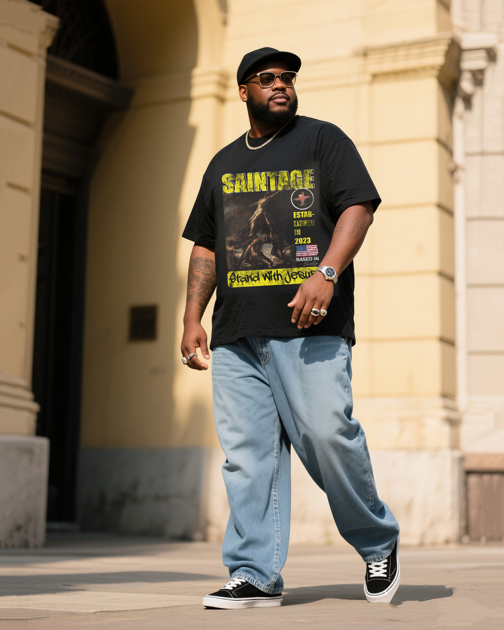 Big & Tall Denim Graphic Vintage T-Shirt Pants Set for big men view 1