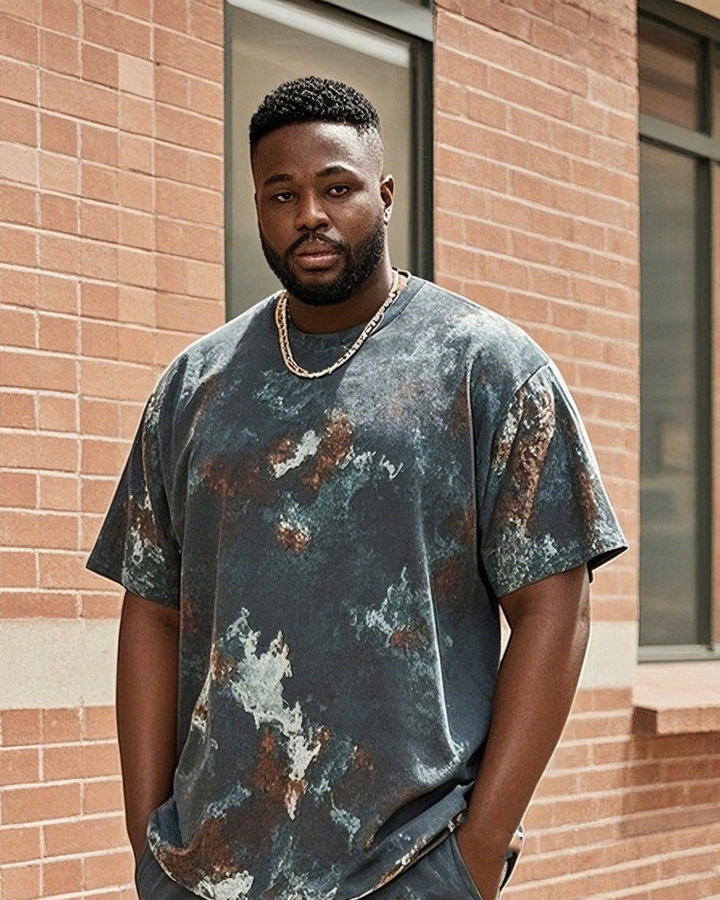 Big & Tall Geometric Graphic T-Shirt Shorts Set for big men view 2