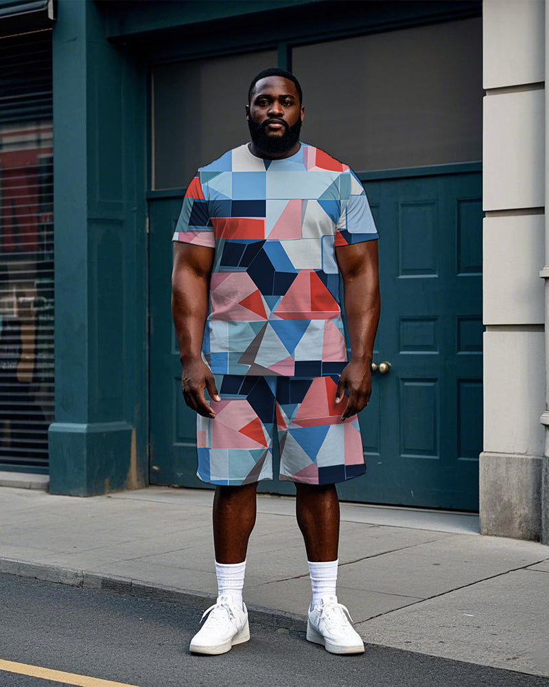 Big & Tall Colorblock Geometric T-Shirt Shorts Set for big men view 1