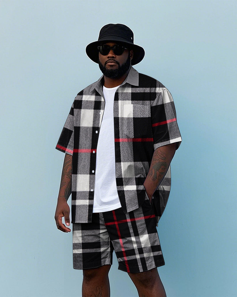 Big & Tall Black Plaid T-Shirt Shorts Set for big men view 1