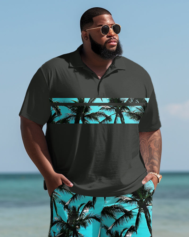 Big & Tall Black Hawaiian Graphic T-Shirt Shorts Set for big men view 3