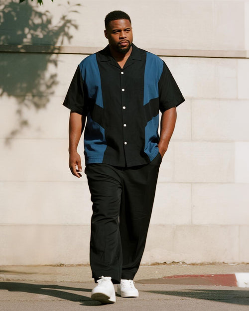 Big & Tall Black Blue Colorblock T-Shirt Pants Set for big men view 1