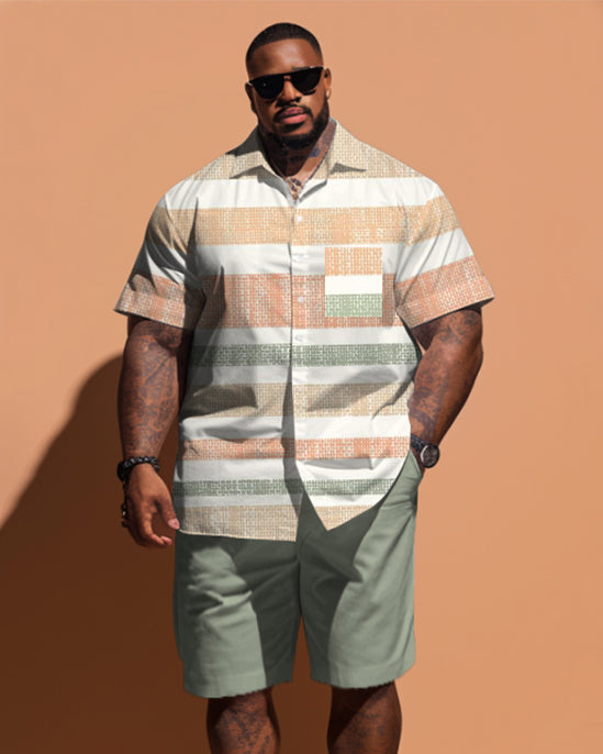Big & Tall Striped Patchwork T-Shirt Shorts Set for big men view 1