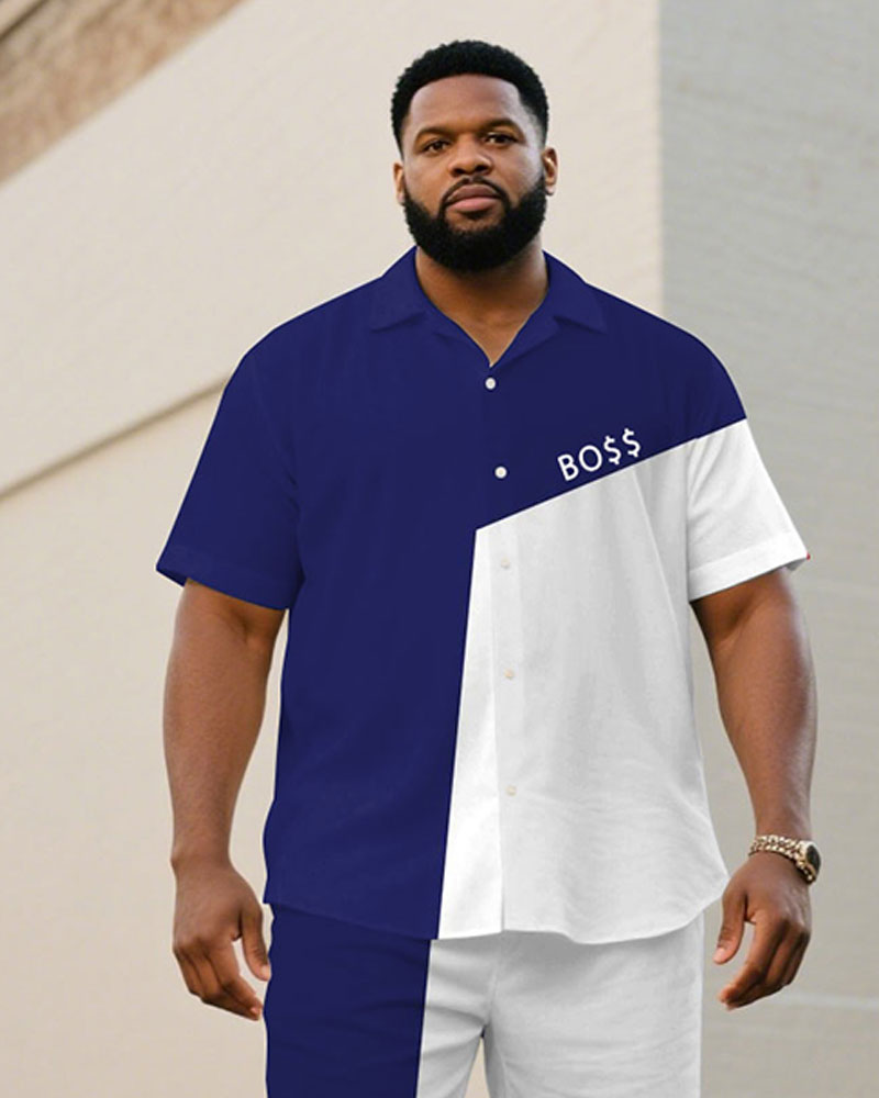 Big & Tall White Blue Hawaiian T-Shirt Shorts Set for big men view 2