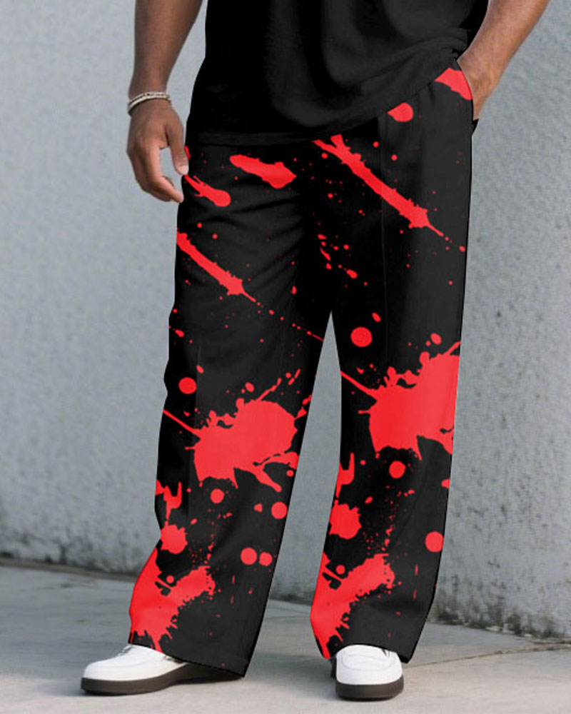 Big & Tall Black Red Splash Ink T-Shirt Pants Set for big men view 3