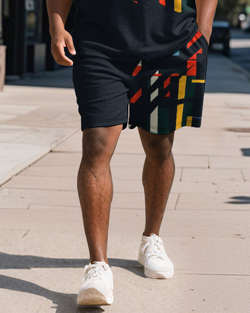 Big & Tall Black Geometric Graphic Polo Shorts Set for big men view 4