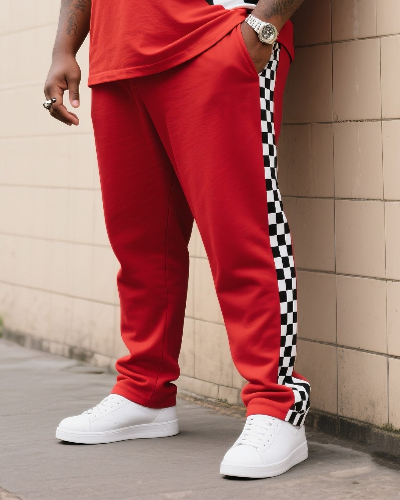 Big & Tall Black White Plaid T-Shirt Pants Set for big men view 3