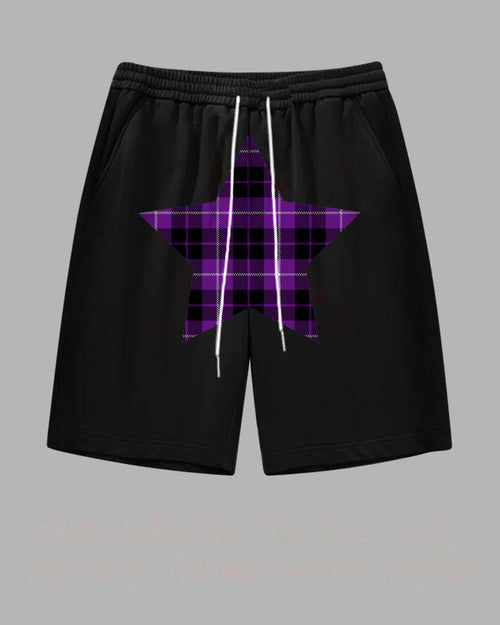 Big and tall black drawstring shorts with purple plaid star front view