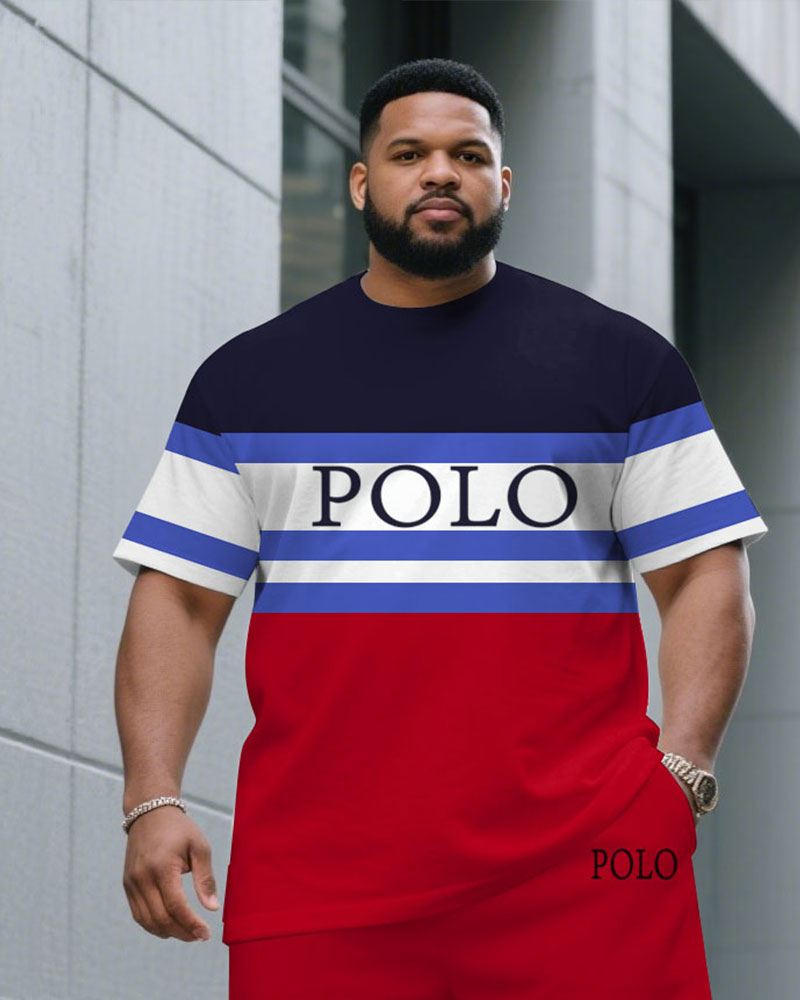 Big & Tall Blue Red Graphic T-Shirt Shorts Set for big men view 2