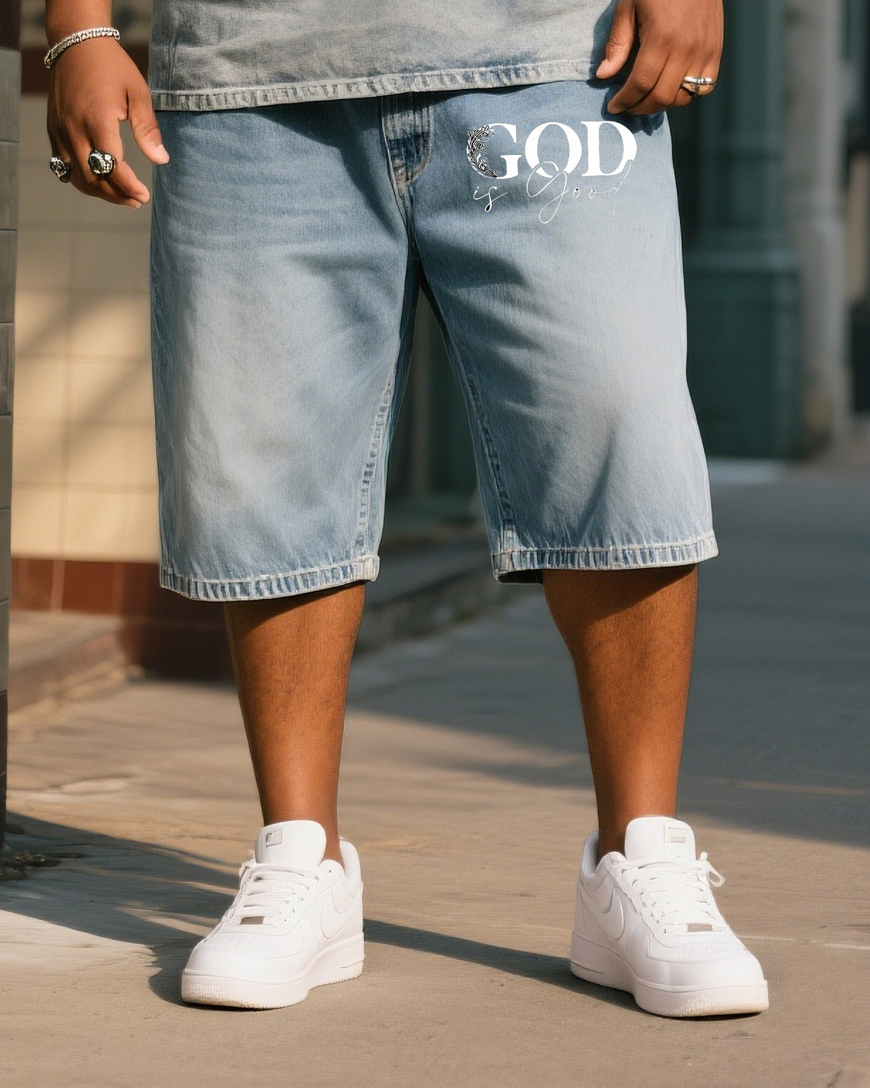 Big & Tall Denim Graphic T-Shirt Shorts Set for big men view 2