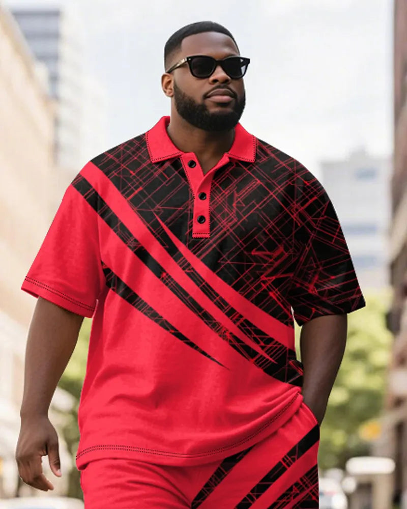 Big & Tall Black Red Colorblock Polo Shorts Set for big men view 3