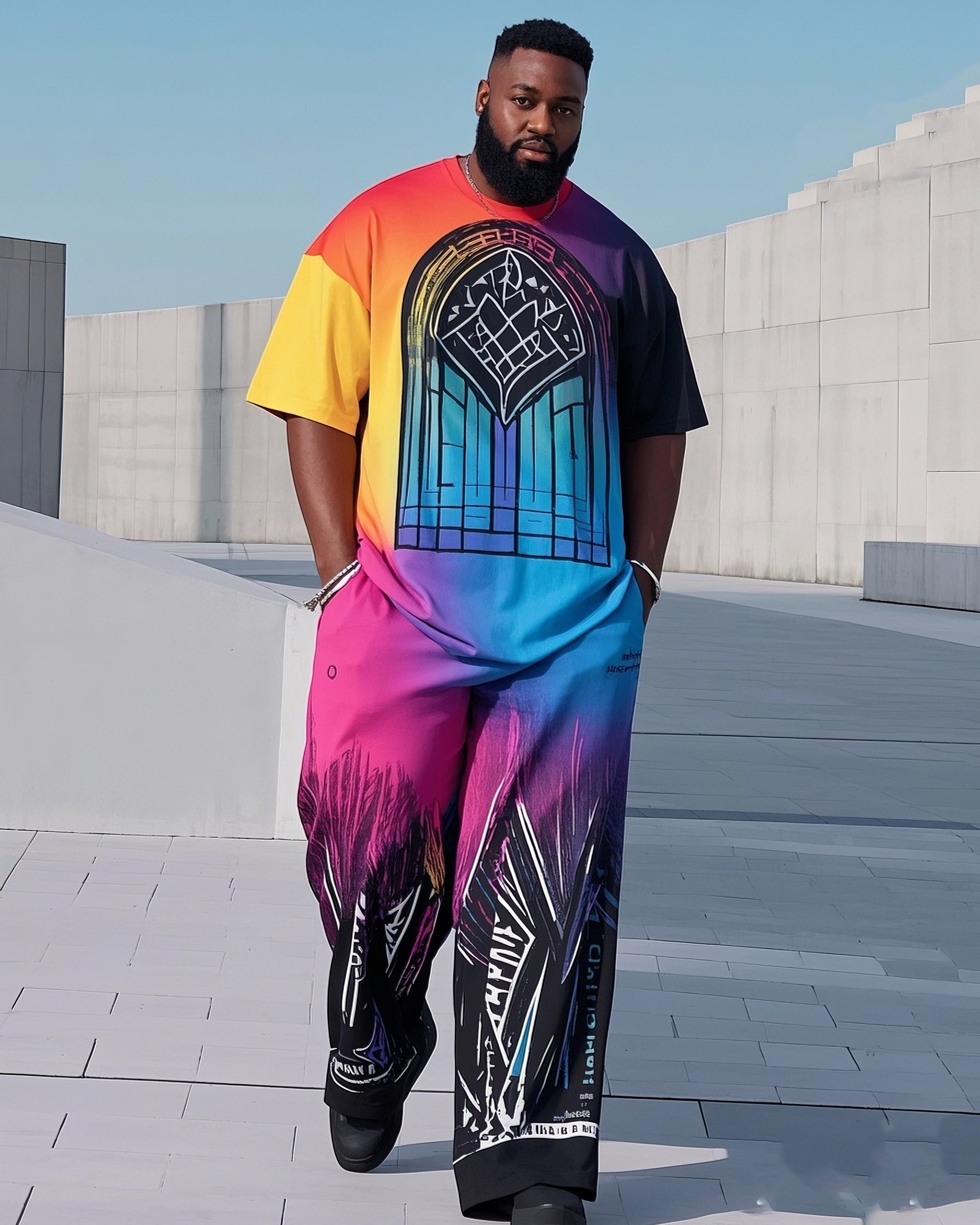 Big & Tall Gradient Graphic T-Shirt Pants Set for big men view 1