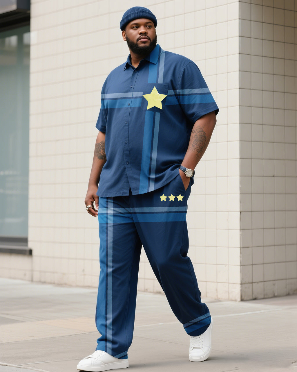 Big & Tall Blue Business Casual T-Shirt Pants Set for big men view 1