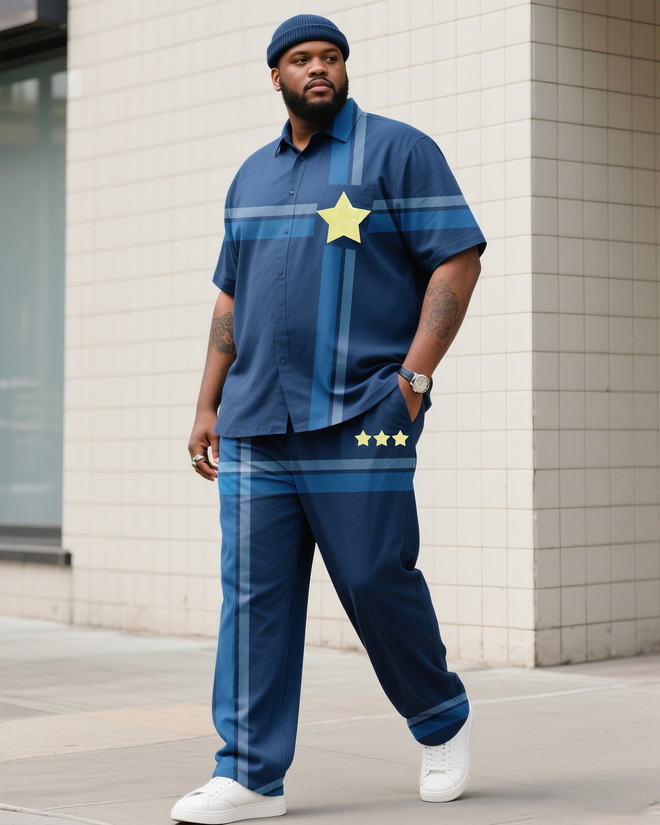 Big & Tall Blue Business Casual T-Shirt Pants Set for big men view 1