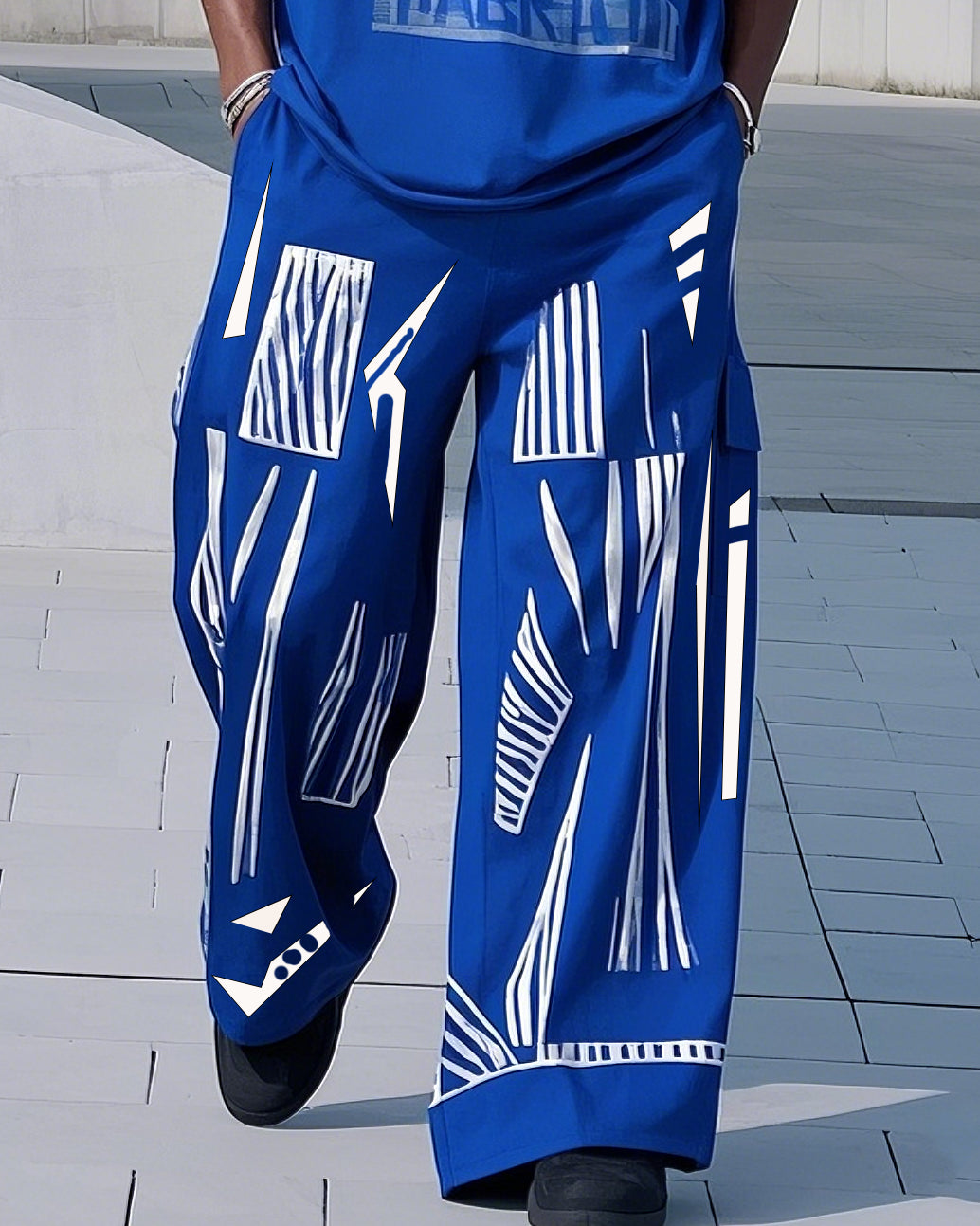 Big & Tall Blue Geometric Graphic T-Shirt Pants Set for big men view 3