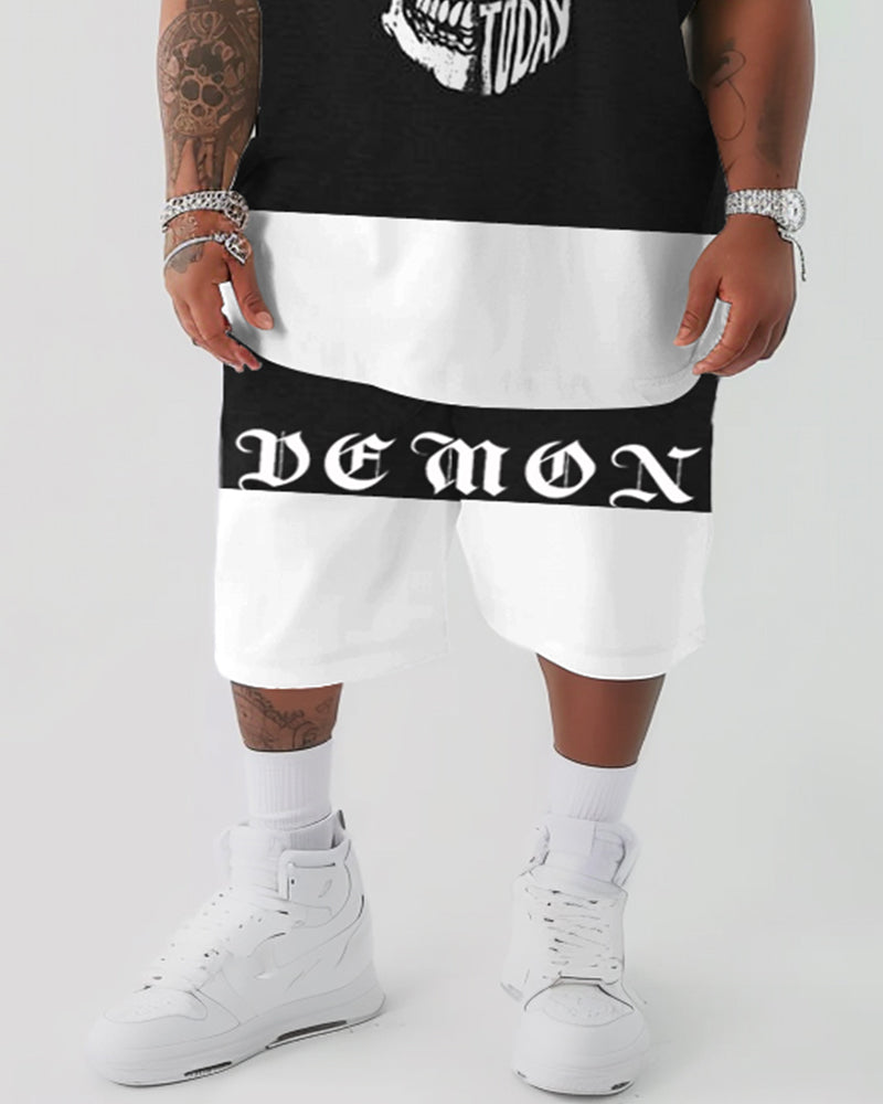 Big & Tall Graphic Patchwork Skull T-Shirt Shorts Set for big men view 3