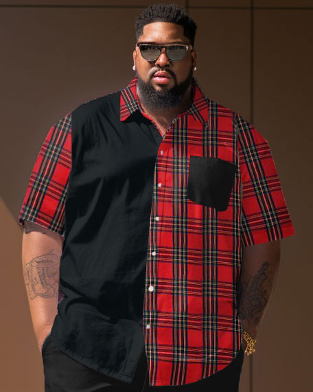 Big & Tall Red Plaid Streetwear Shirt Shorts Set for big men view 2