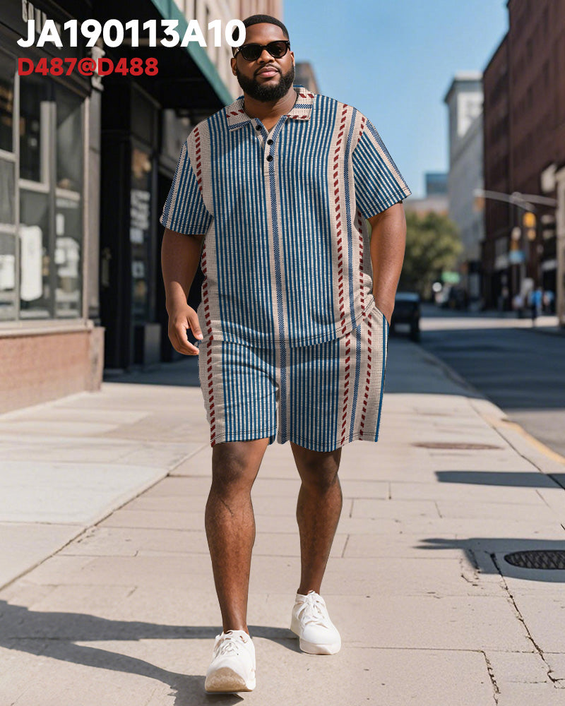 Big & Tall Blue Striped Graphic Polo Shorts Set for big men view 2