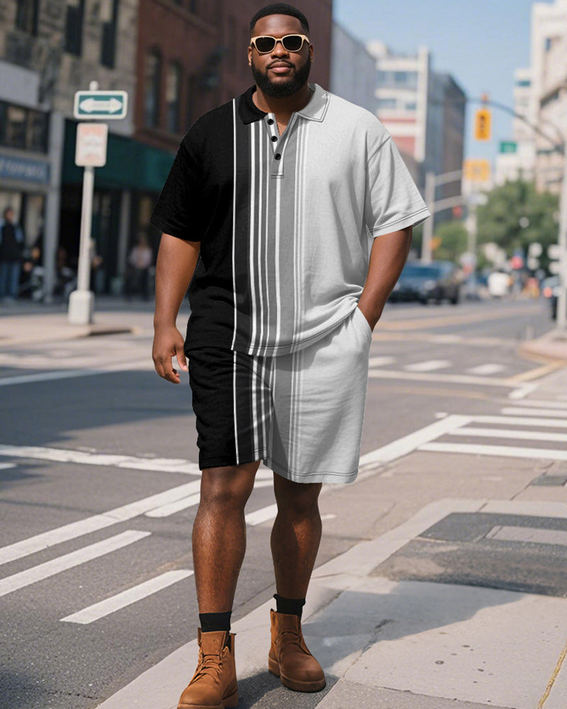 Big & Tall Black Gradient Striped Polo Shorts Set for big men view 1