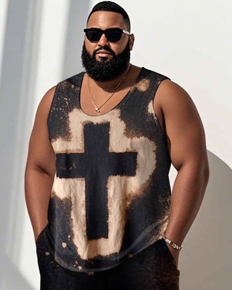 Big & Tall Brown Graphic Streetwear Vest Pants Set for big men view 2