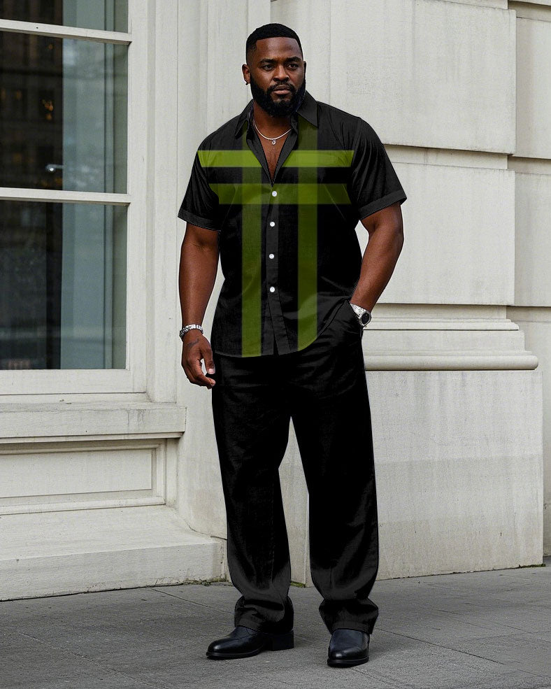 Big & Tall Black Green Plaid T-Shirt Pants Set for big men view 1