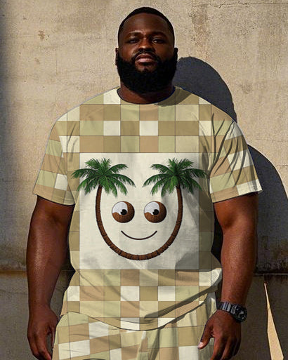 Big & Tall Yellow Hawaiian Plaid T-Shirt Shorts Set for big men view 2