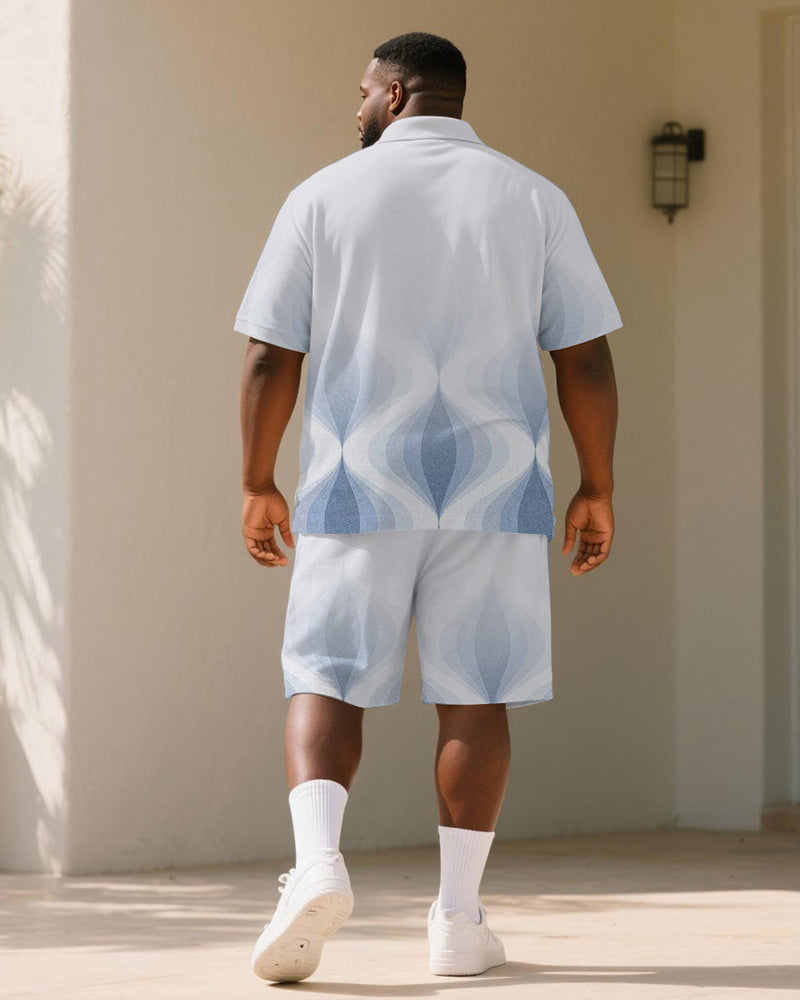 Big & Tall Blue Gradient Geometric Polo Shorts Set for big men view 4