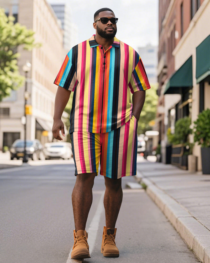 Big & Tall Colorblock Striped Graphic Polo Shorts Set for big men view 1