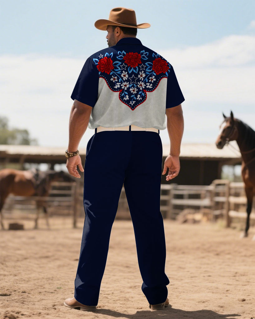 Big & Tall Blue Western Denim T-Shirt Pants Set for big men view 4