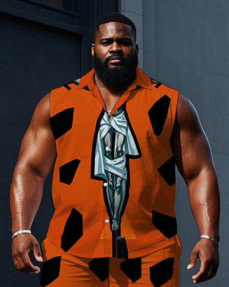 Big & Tall Orange Graphic Vintage T-Shirt Shorts Set for big men view 2