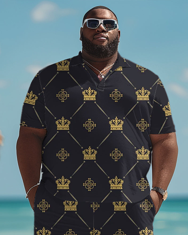 Big & Tall Hawaiian Plaid Vintage Polo Shorts Set for big men view 2