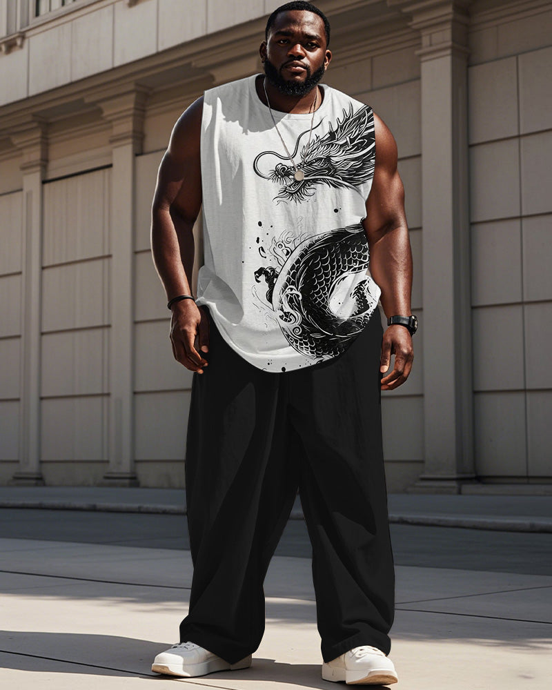 Big & Tall Black Graphic Streetwear Vest Pants Set for big men view 1