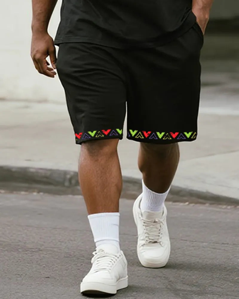 Big & Tall White Geometric Graphic T-Shirt Shorts Set for big men view 3