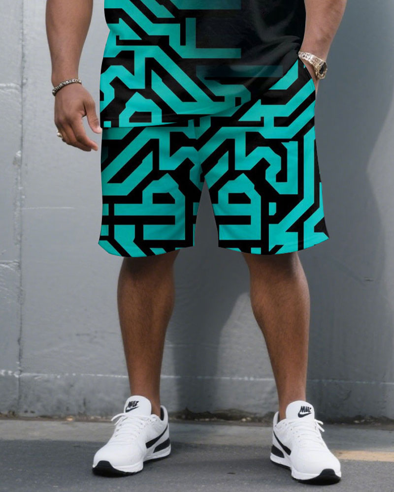 Big & Tall Black Geometric T-Shirt Shorts Set for big men view 3