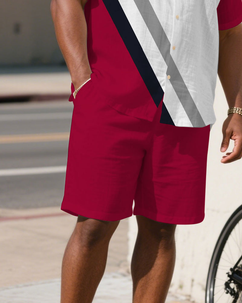 Big & Tall White Red Colorblock T-Shirt Shorts Set for big men view 3